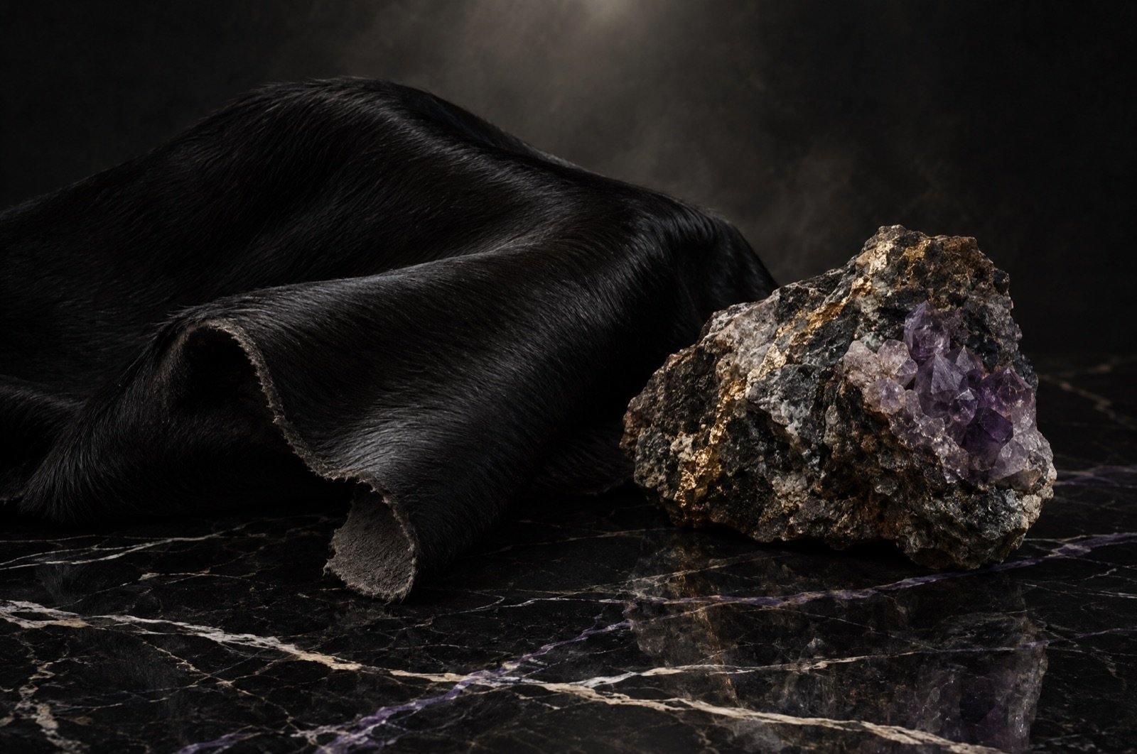 Piel de toro negra junto a una roca con veta de oro y cristales violeta, sobre mármol negro.